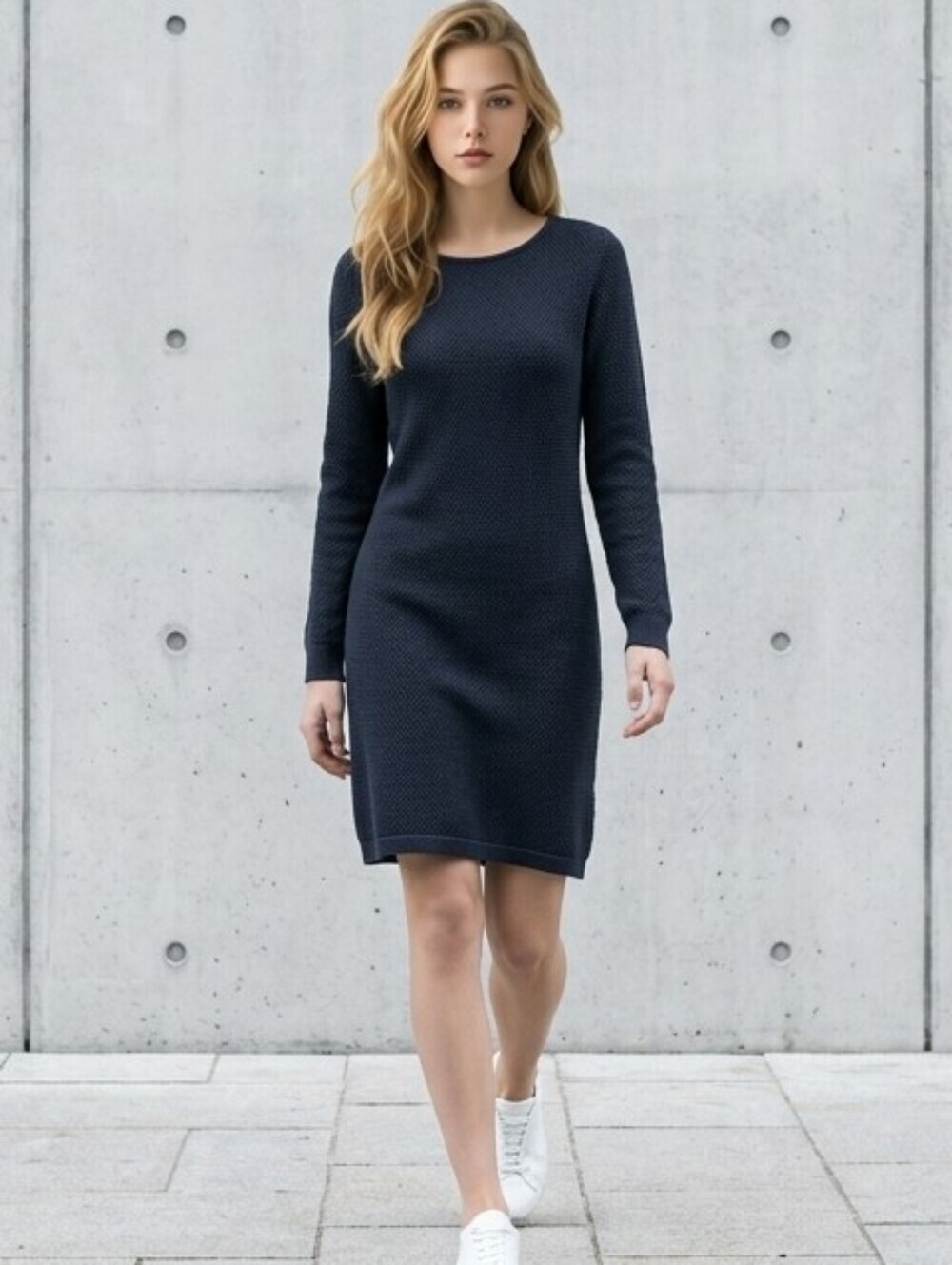 Long-Sleeve Navy Knit Shift Dress